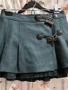 RED Valentino Teal Wool-Blend Circle Skirt with Bow Toggle Accents